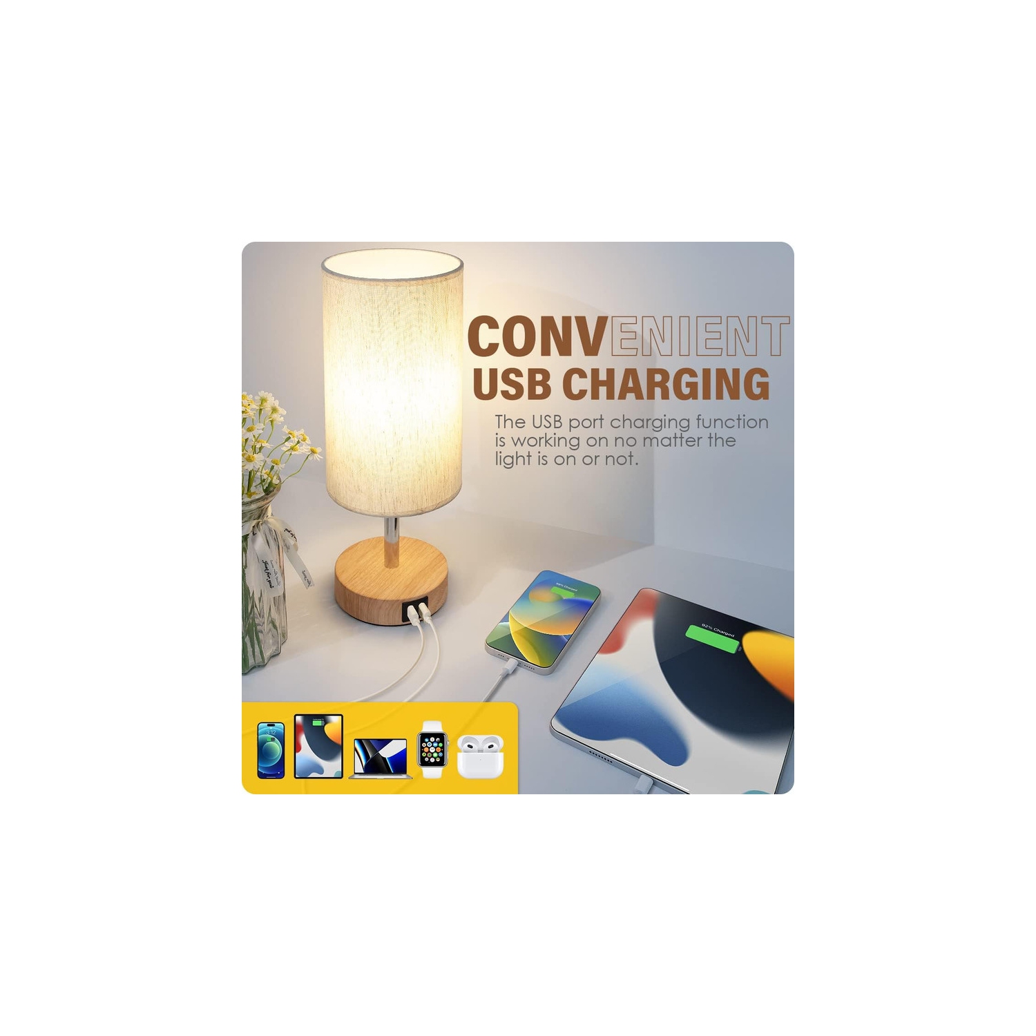 YOULIGHTS Bedside Table Lamp with USB Port - Touch Control for Bedroom Wood 3 Way Dimmable Nightstand Lamp with Round Flaxen Fabric Shade for Living