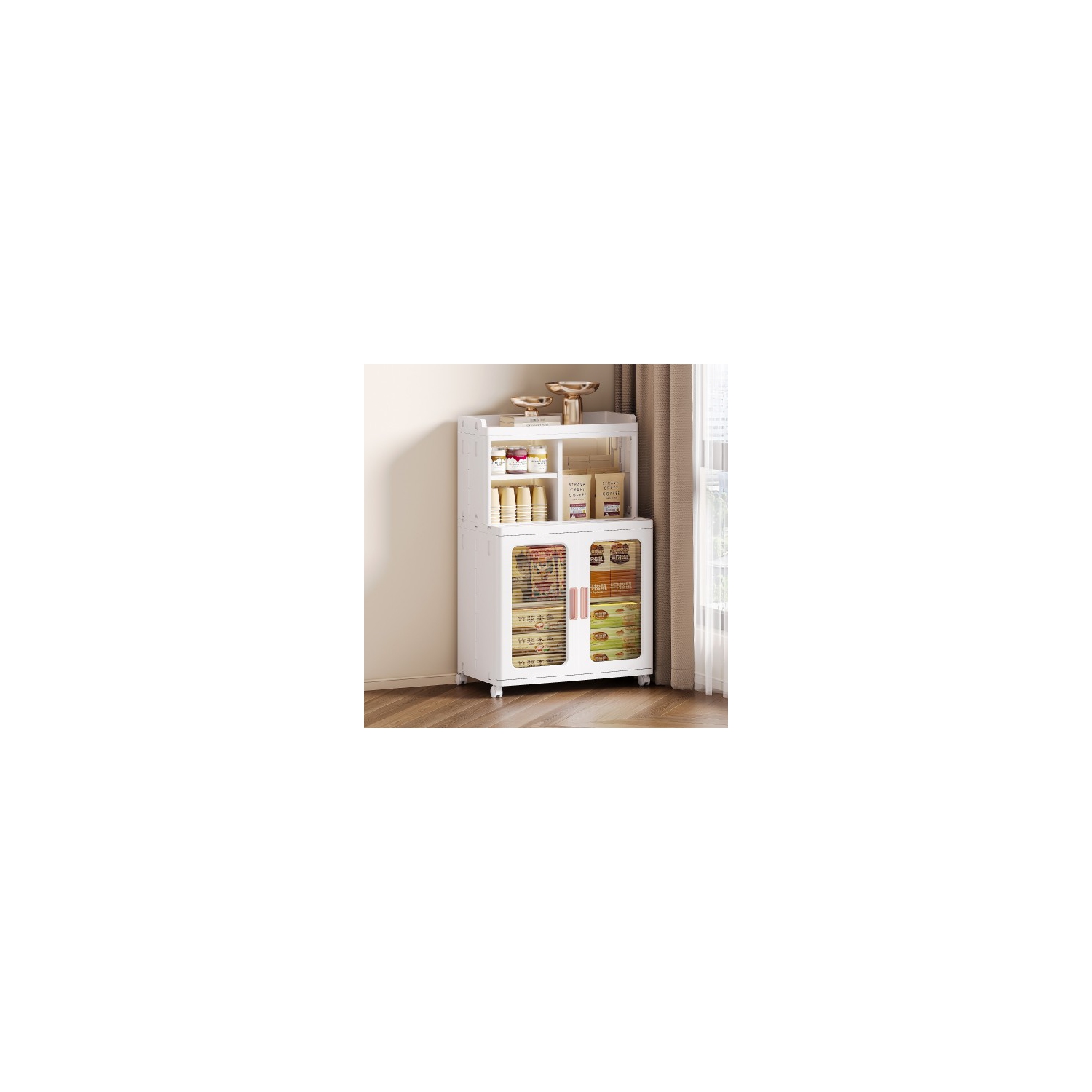 Mobile Storage Cabinet with Transparent Doors, Open Storage Shelves, 360° Rolling Wheels