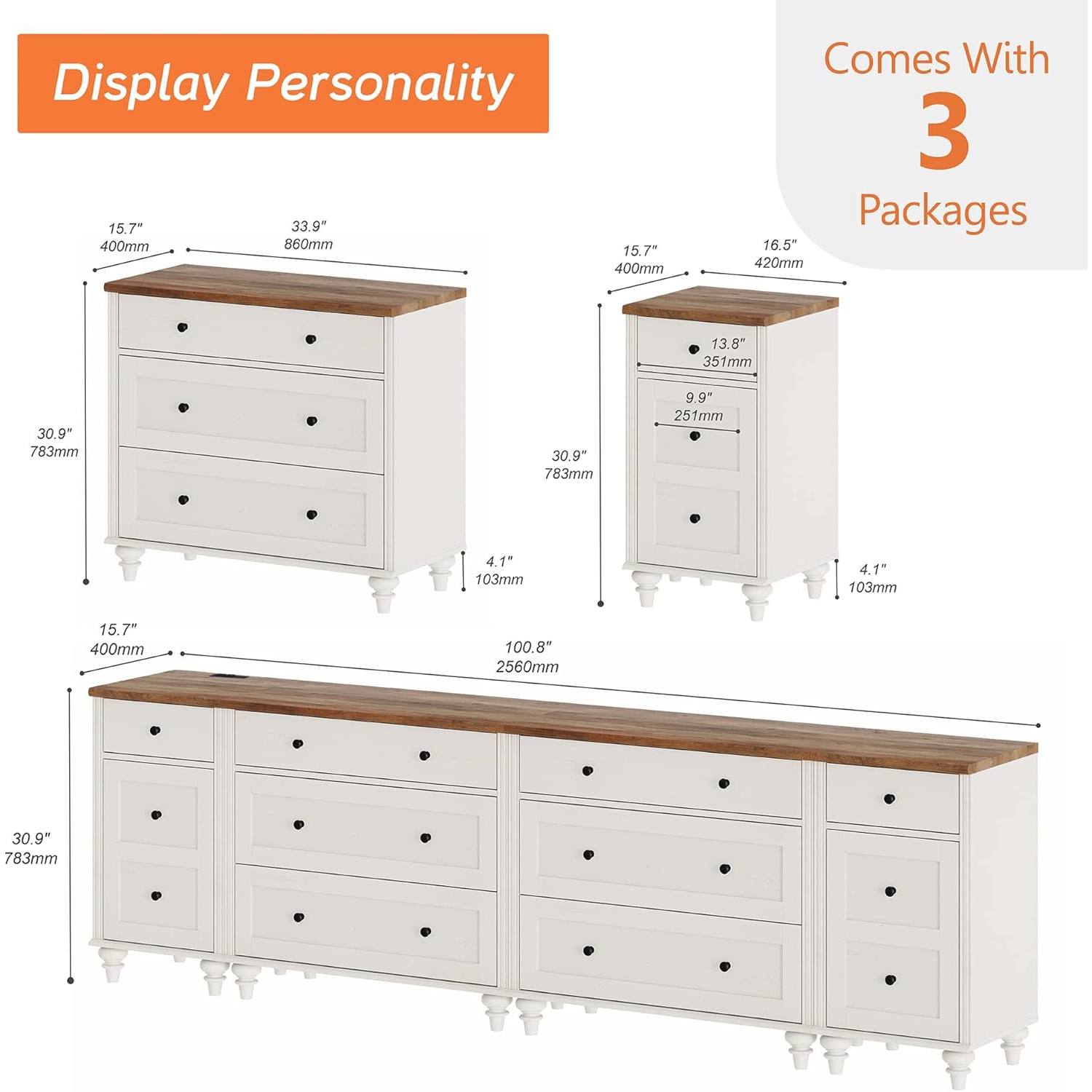 Meuble pour téléviseur WAMPAT 100 pouces avec 9 tiroirs, meuble de divertissement en bois pour téléviseur 75/80/85/90 pouces pour salon, blanc