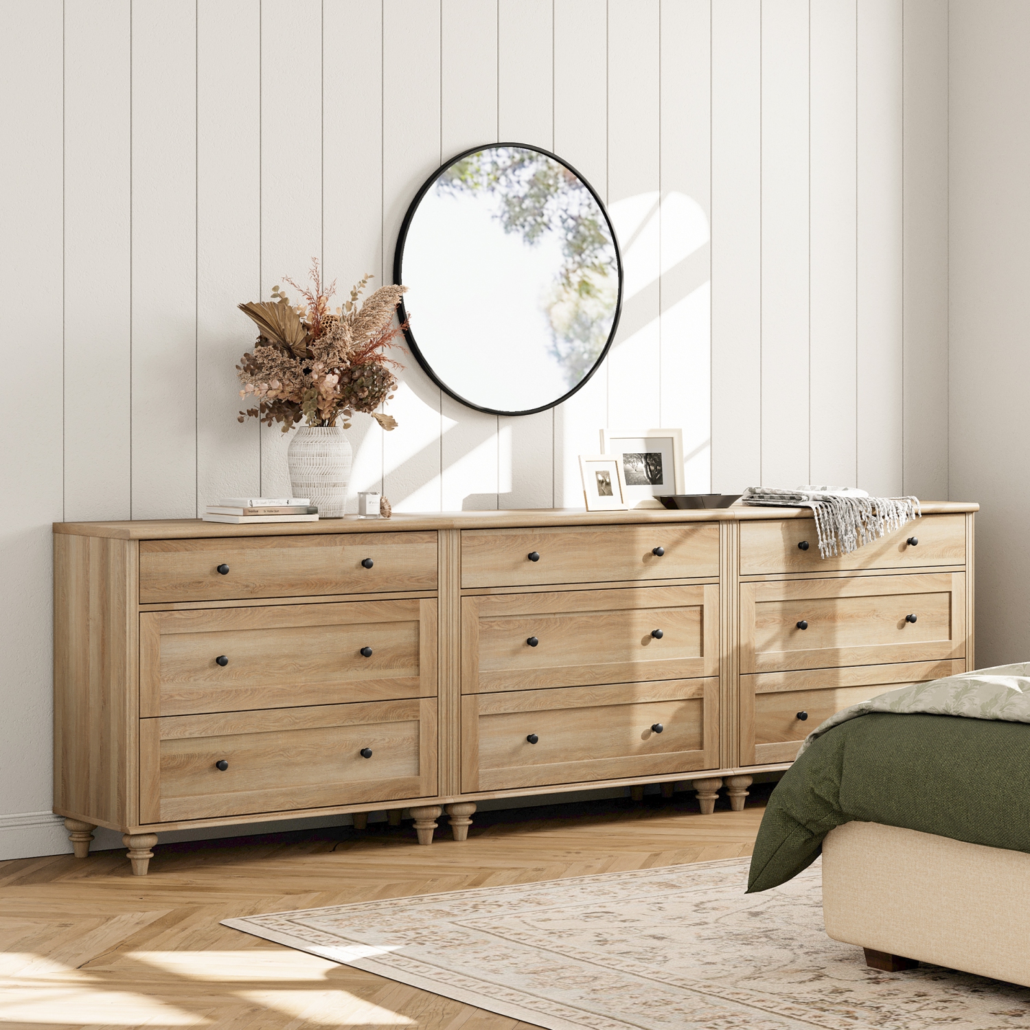 WAMPAT Dresser for Bedroom with 9 Drawers,Oak Kids Dressers with Wide Chest of Drawer,Wooden Closet Storage Organizer for Living Room,Nursery,Hallway