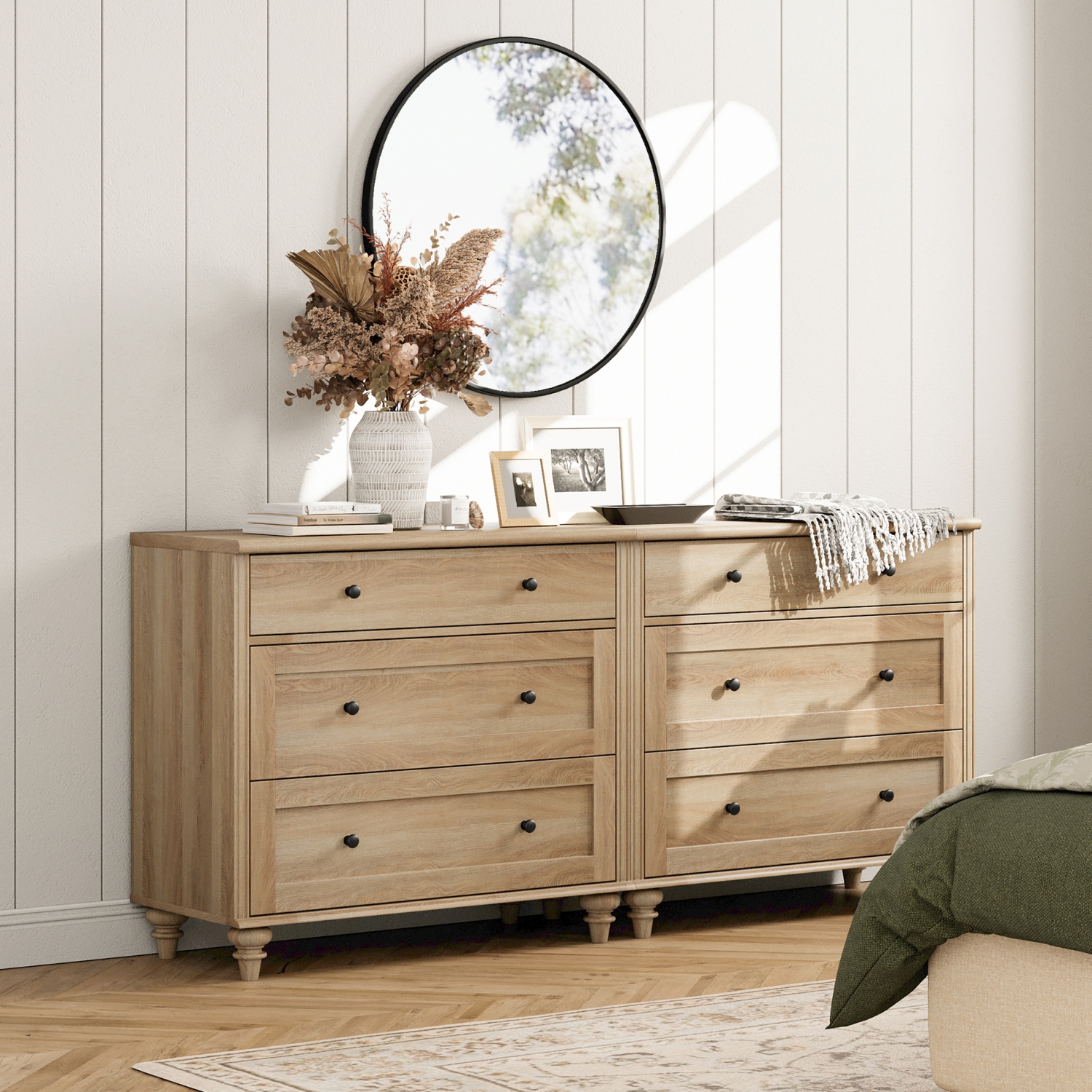 Commode moderne WAMPAT avec 6 tiroirs, commodes pour enfants avec grand coffre de tiroir, range-tout en bois de chêne pour la chambre à coucher,