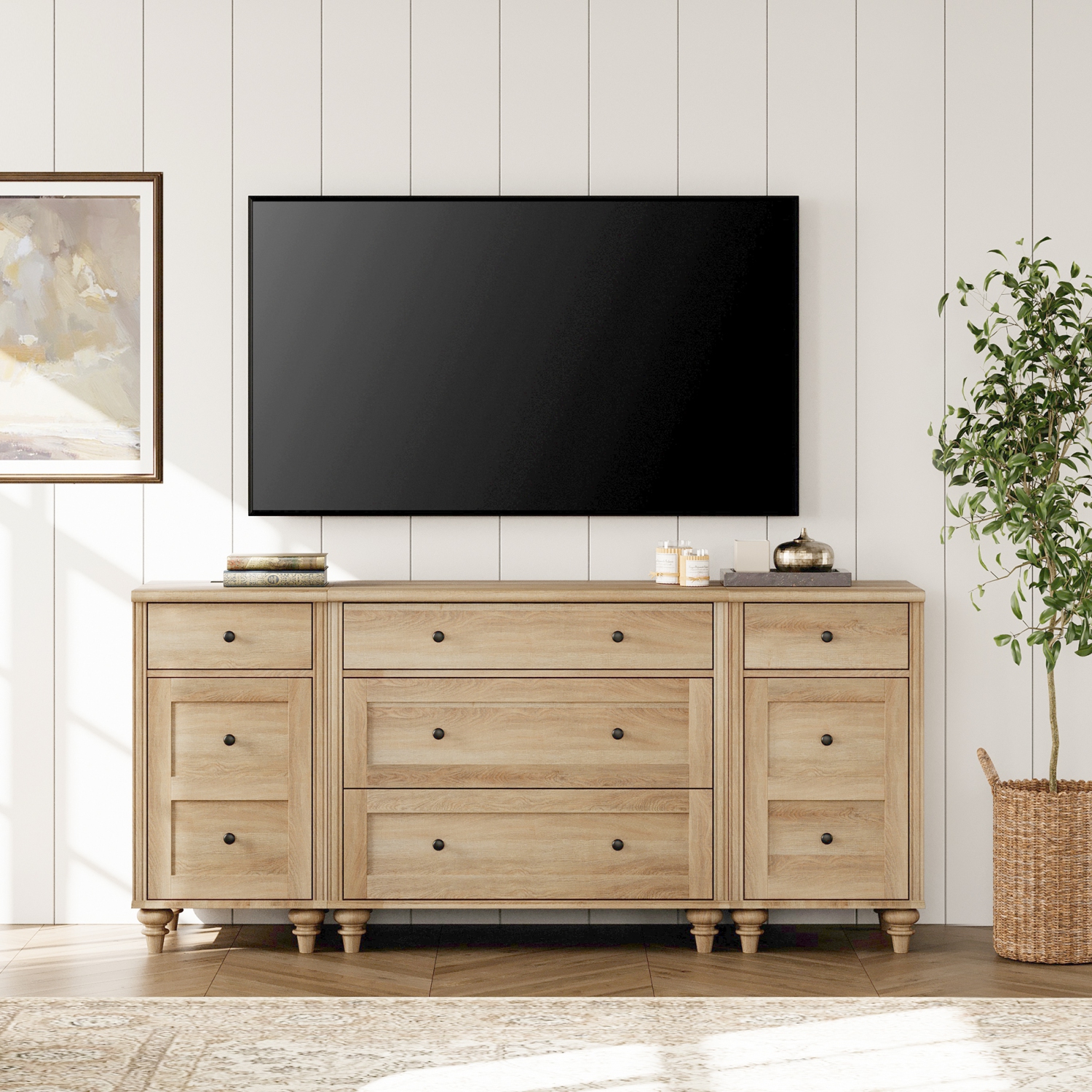 Meuble pour téléviseur moderne WAMPAT pour téléviseur de 75&nbsp;po, commode en bois avec 5 tiroirs et 2 portes, tables de chevet avec station de