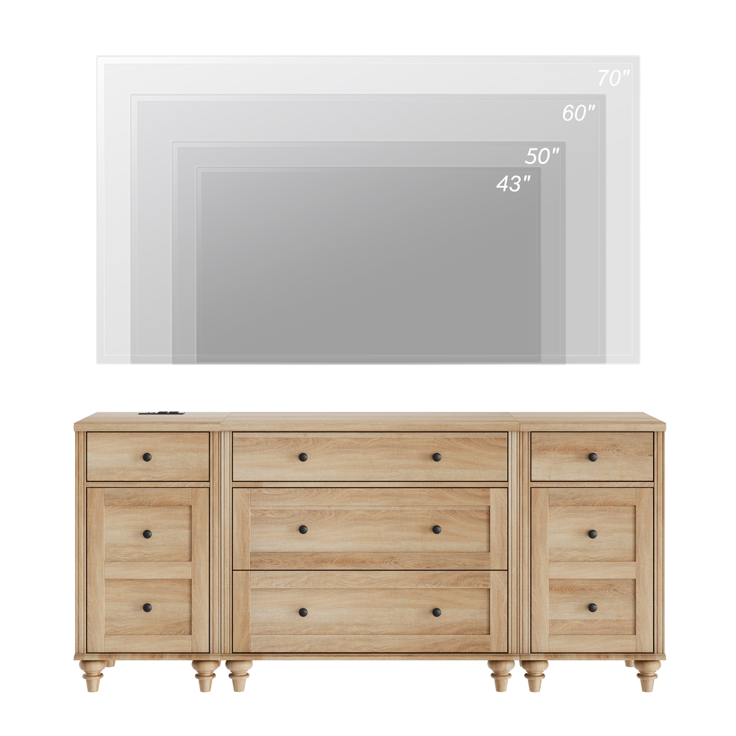 Meuble pour téléviseur moderne WAMPAT pour téléviseur de 75 po, commode en bois avec 5 tiroirs et 2 portes, tables de chevet avec station de