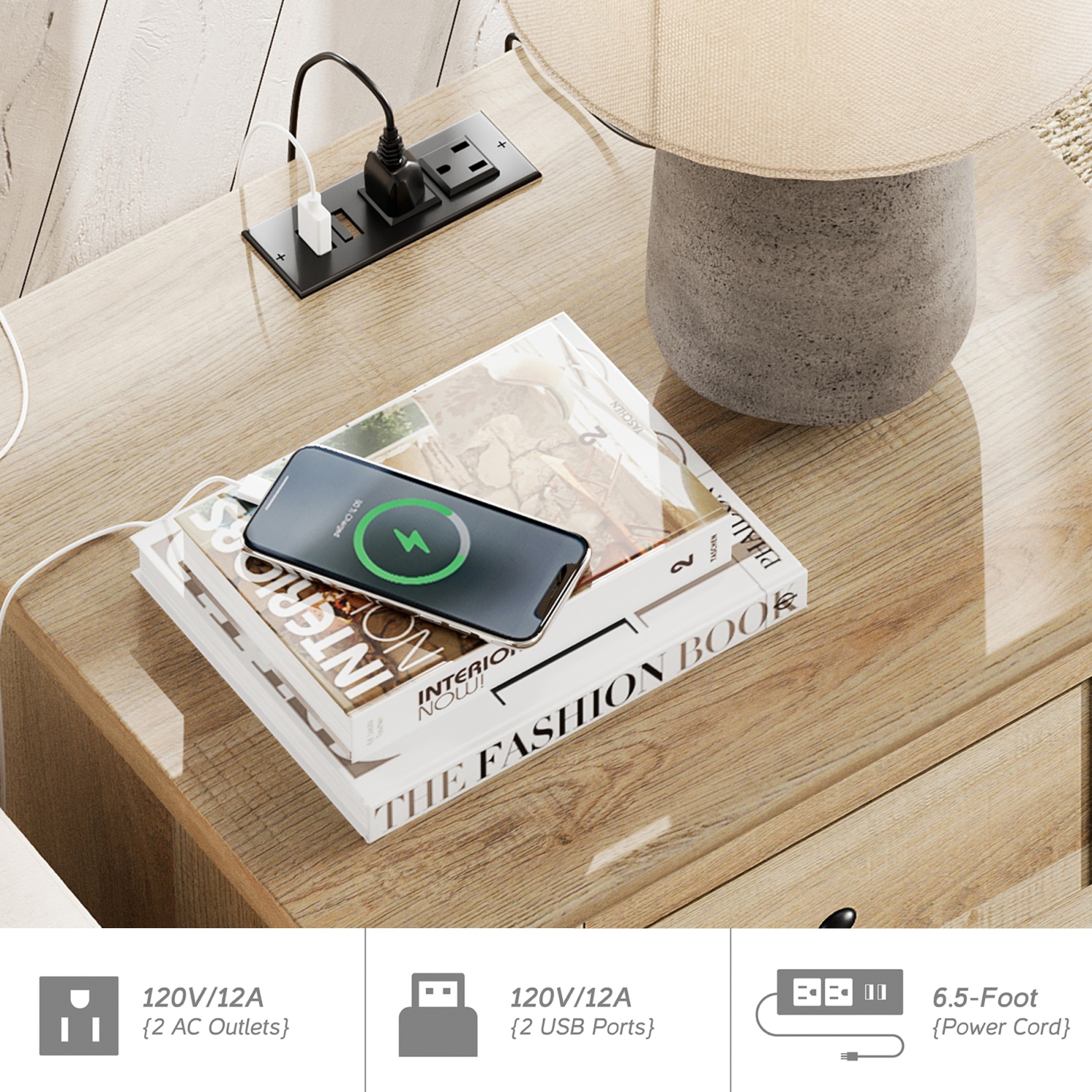 Meuble pour téléviseur moderne WAMPAT pour téléviseur de 75 po, commode en bois avec 5 tiroirs et 2 portes, tables de chevet avec station de