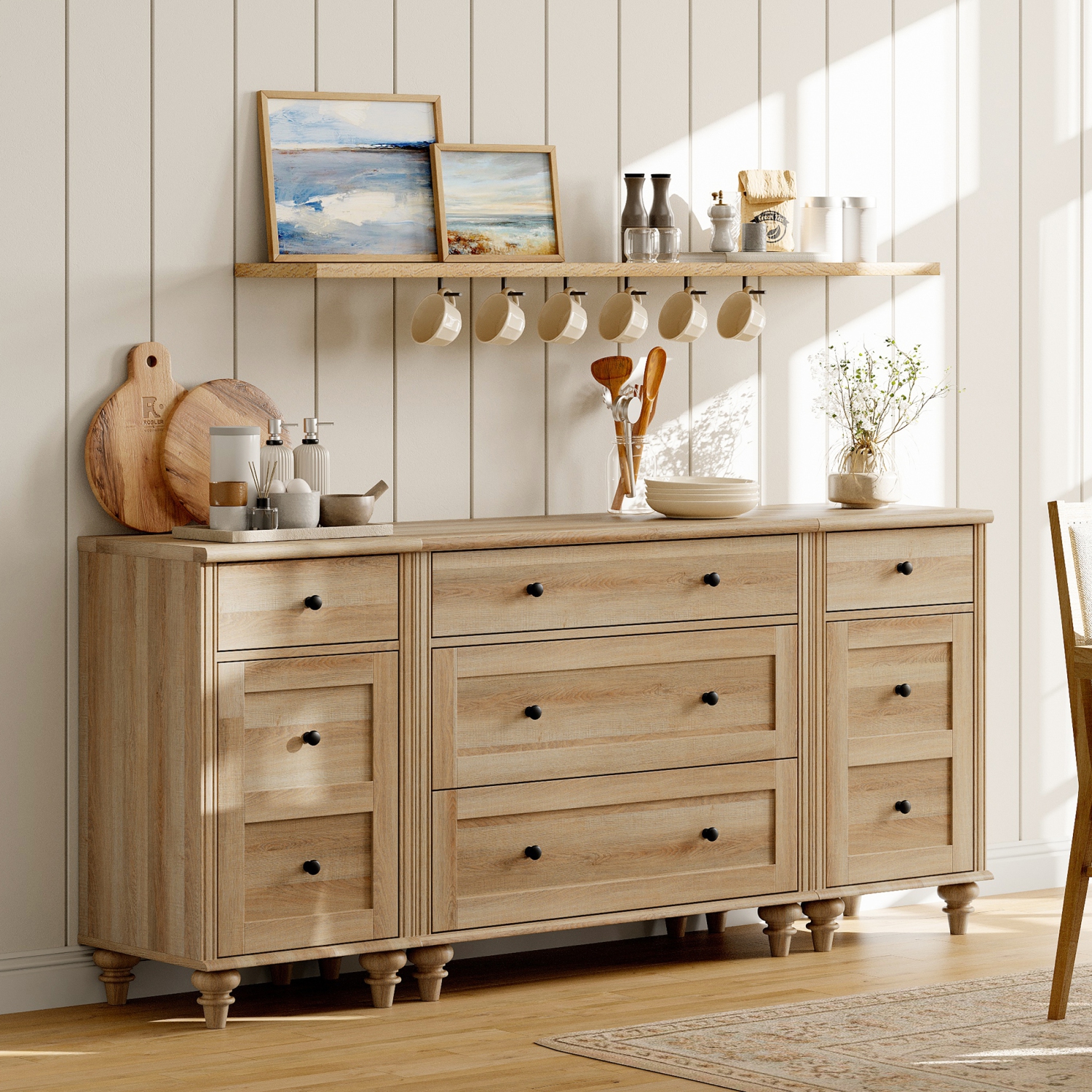 Meuble pour téléviseur moderne WAMPAT pour téléviseur de 75 po, commode en bois avec 5 tiroirs et 2 portes, tables de chevet avec station de