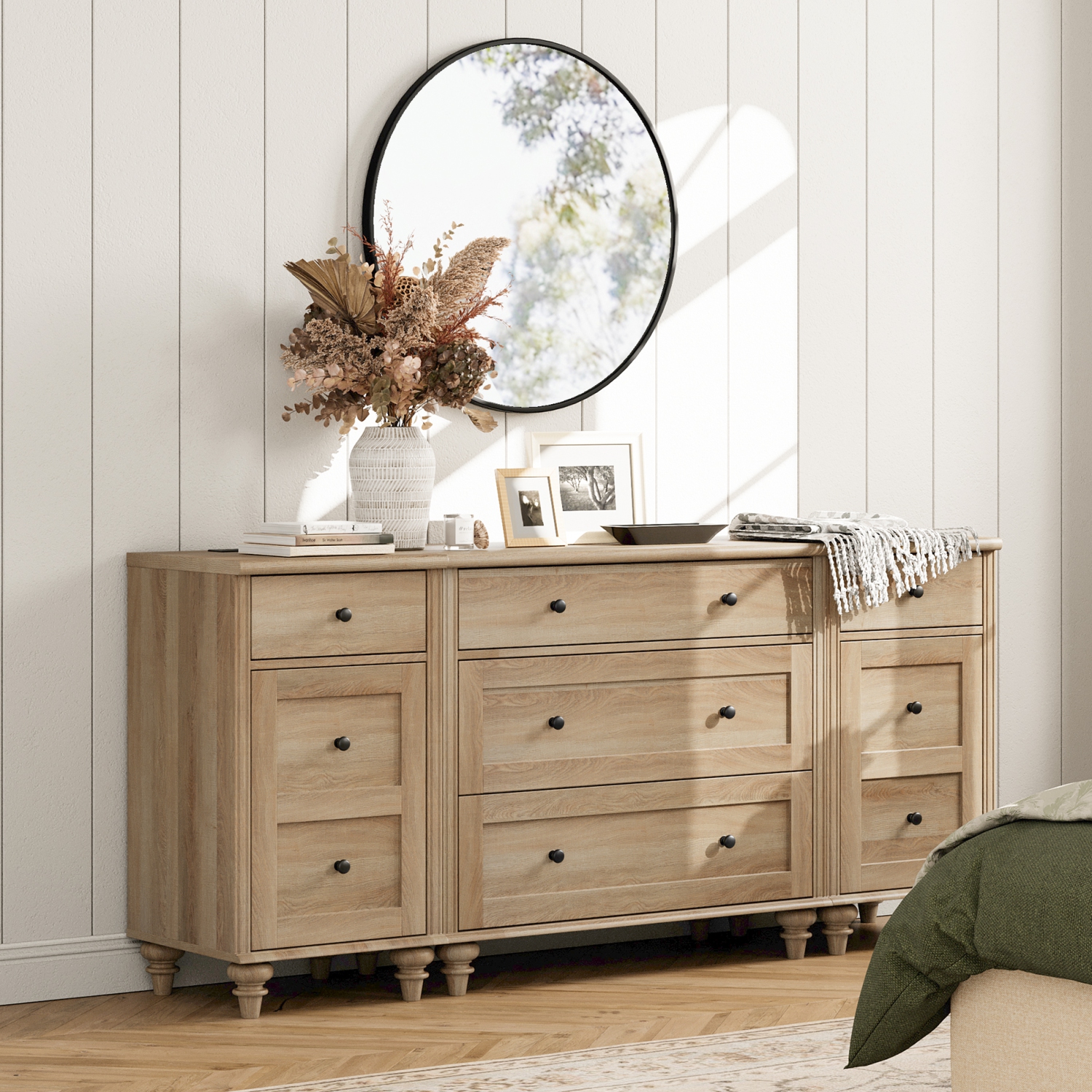 Commode WAMPAT pour chambre avec 5 tiroirs et 2 armoires de rangement, table de bout avec station de chargement pour salon, chambre de bébé, chêne