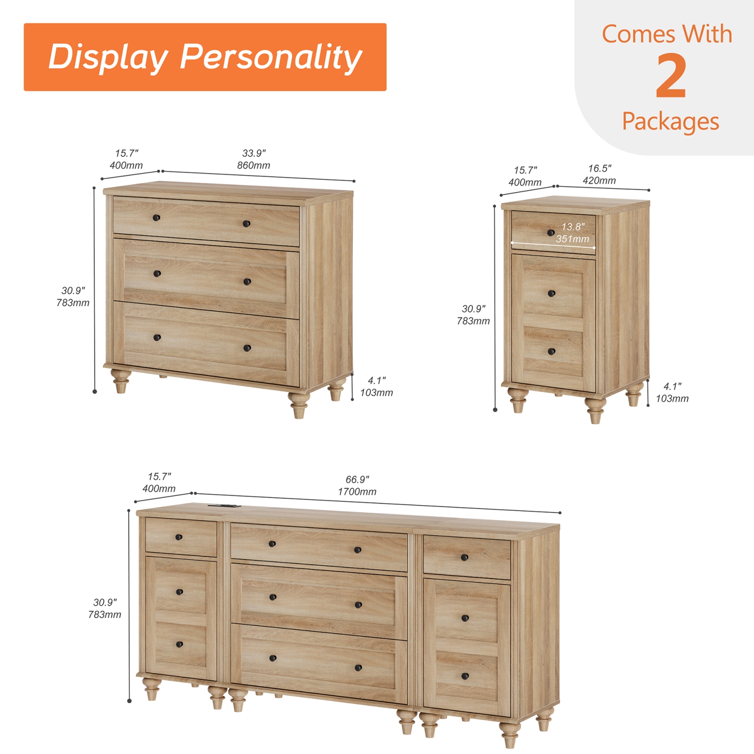 Commode WAMPAT pour chambre avec 5 tiroirs et 2 armoires de rangement, table de bout avec station de chargement pour salon, chambre de bébé, chêne