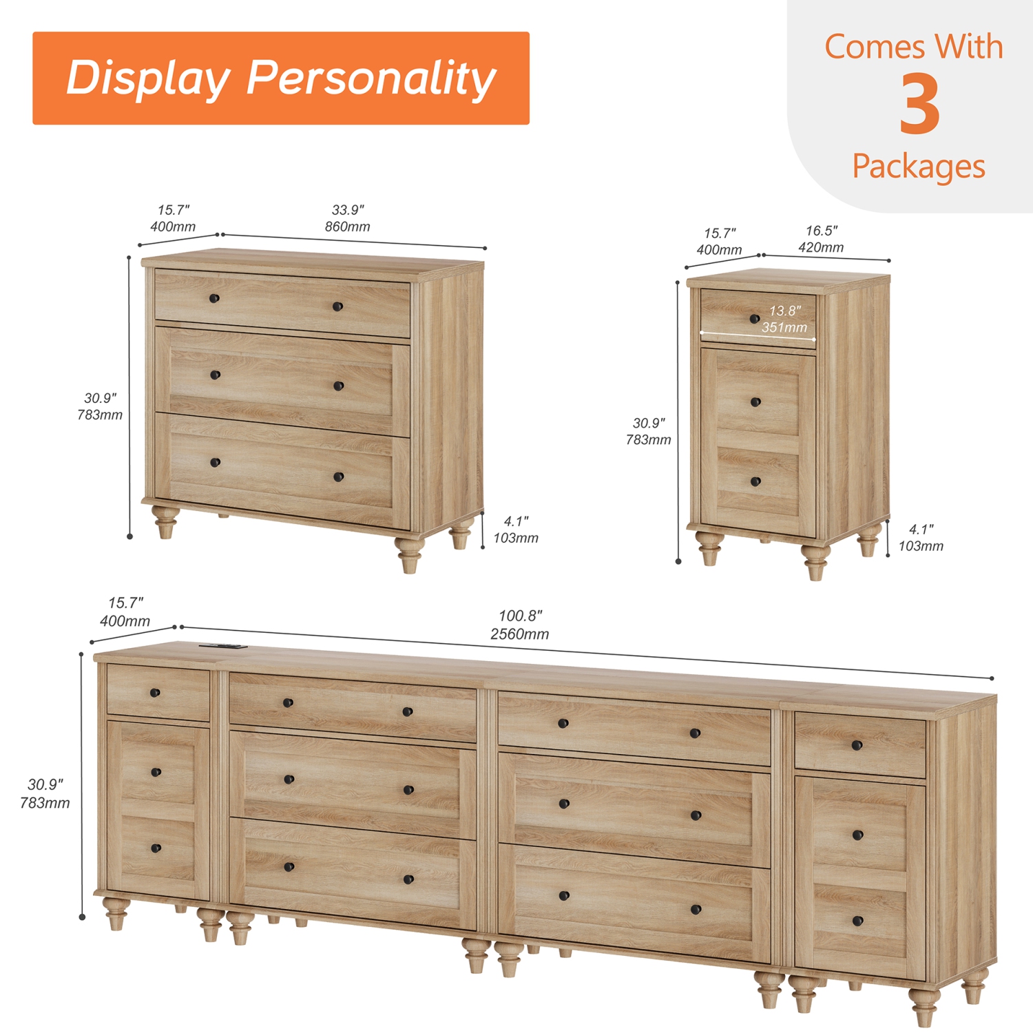 WAMPAT 100 inches TV Stand with 9 Drawers,Kids Dresser with 3 Drawers for Bedroom,Nightstands with Charging Station for Living Room,Oak