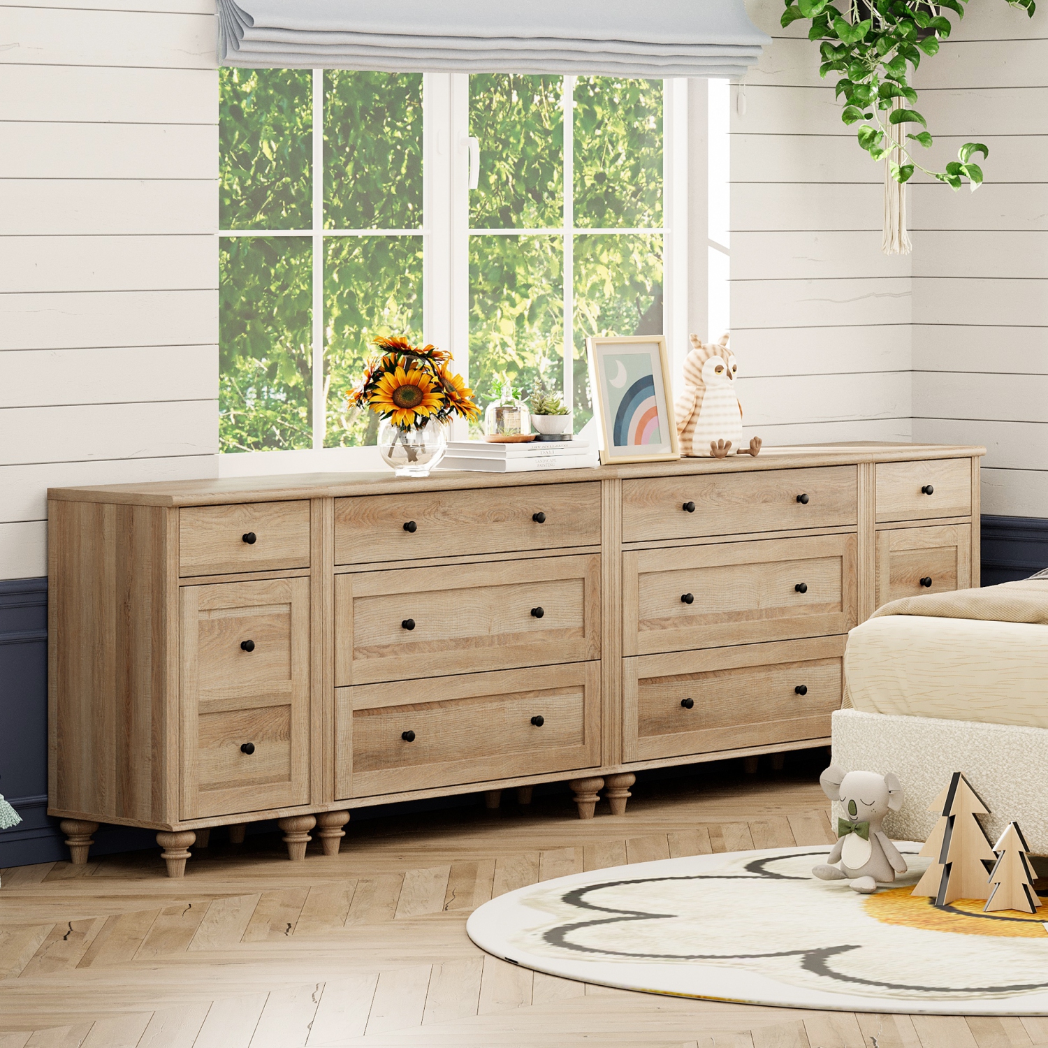 WAMPAT 100 inches TV Stand with 9 Drawers,Kids Dresser with 3 Drawers for Bedroom,Nightstands with Charging Station for Living Room,Oak