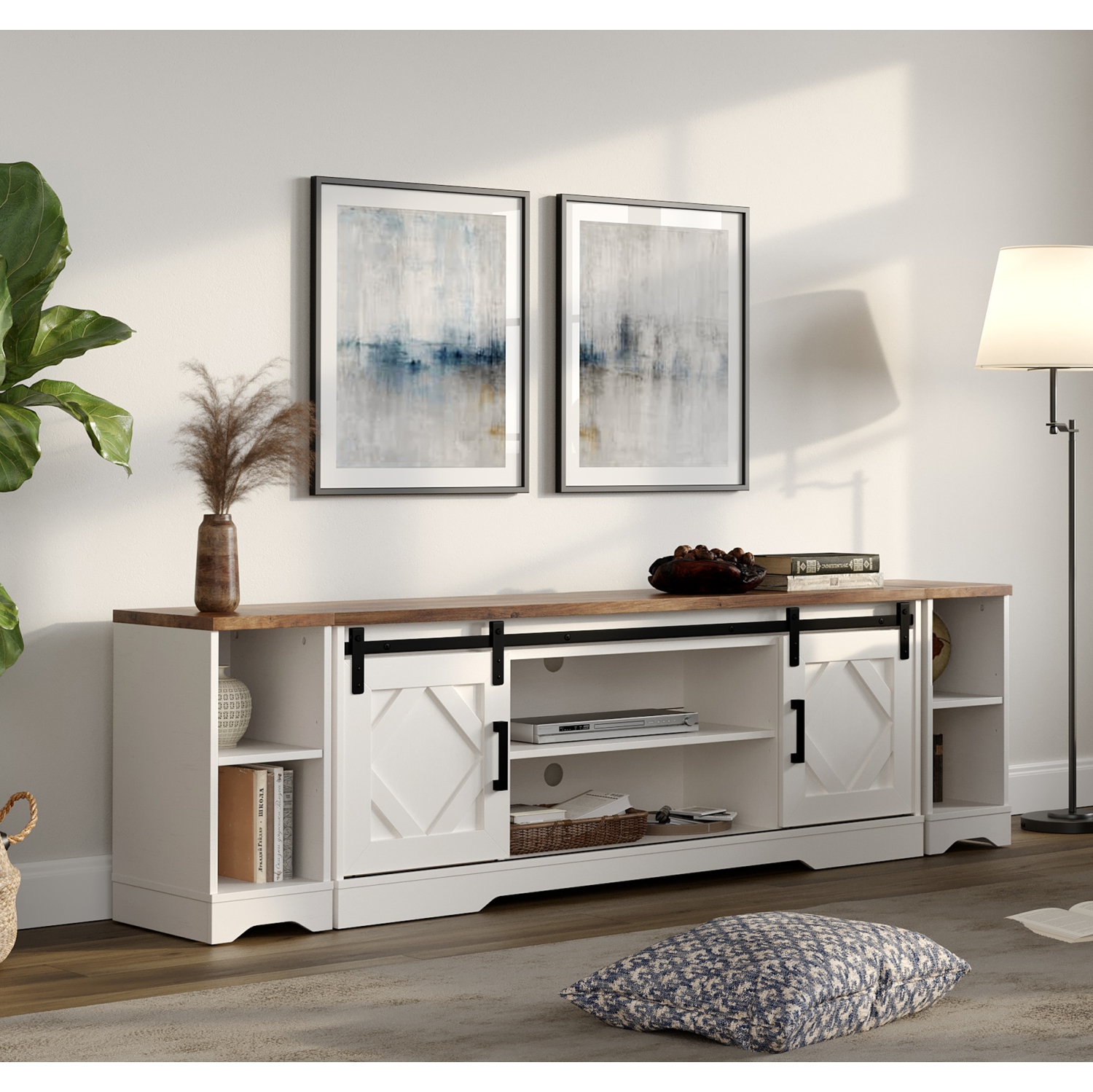 WAMPAT Sliding Barn Door TV Stand for up to 85" TVs,Wood Media Console Table Storage Cabinet with Open Storage, Entertainment Center for Living