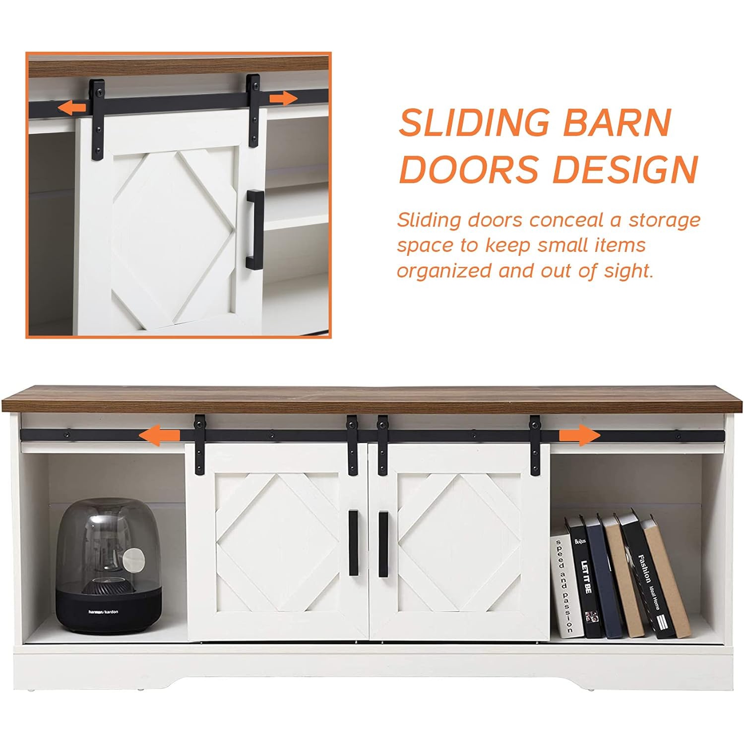 WAMPAT Sliding Barn Door TV Stand for up to 85" TVs,Wood Media Console Table Storage Cabinet with Open Storage, Entertainment Center for Living