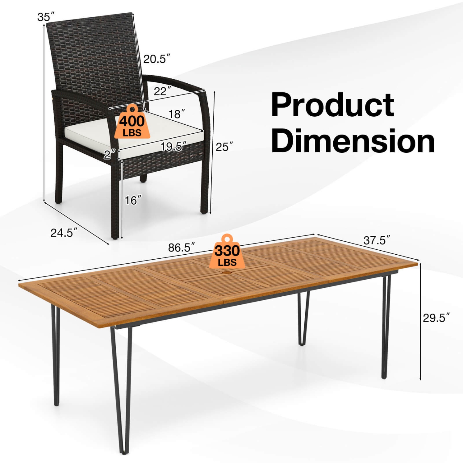 Ensemble de 8 chaises à accoudoirs pour patio extérieur Costway 9 PCS et table carrée en bois d'acacia