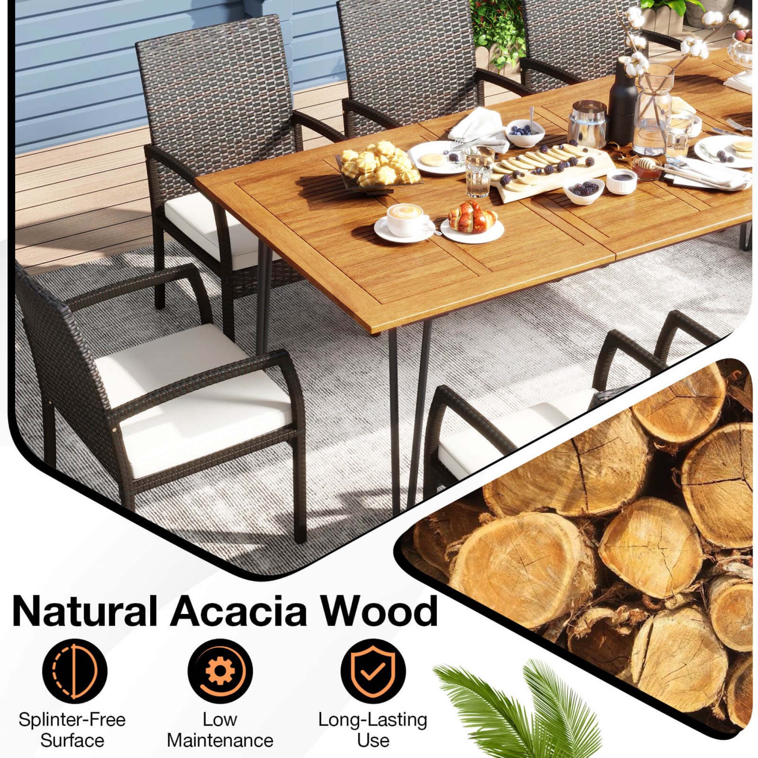 Ensemble de 8 chaises à accoudoirs pour patio extérieur Costway 9 PCS et table carrée en bois d'acacia