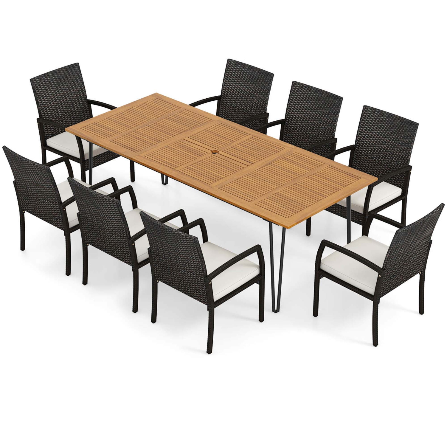 Ensemble de 8 chaises à accoudoirs pour patio extérieur Costway 9 PCS et table carrée en bois d'acacia