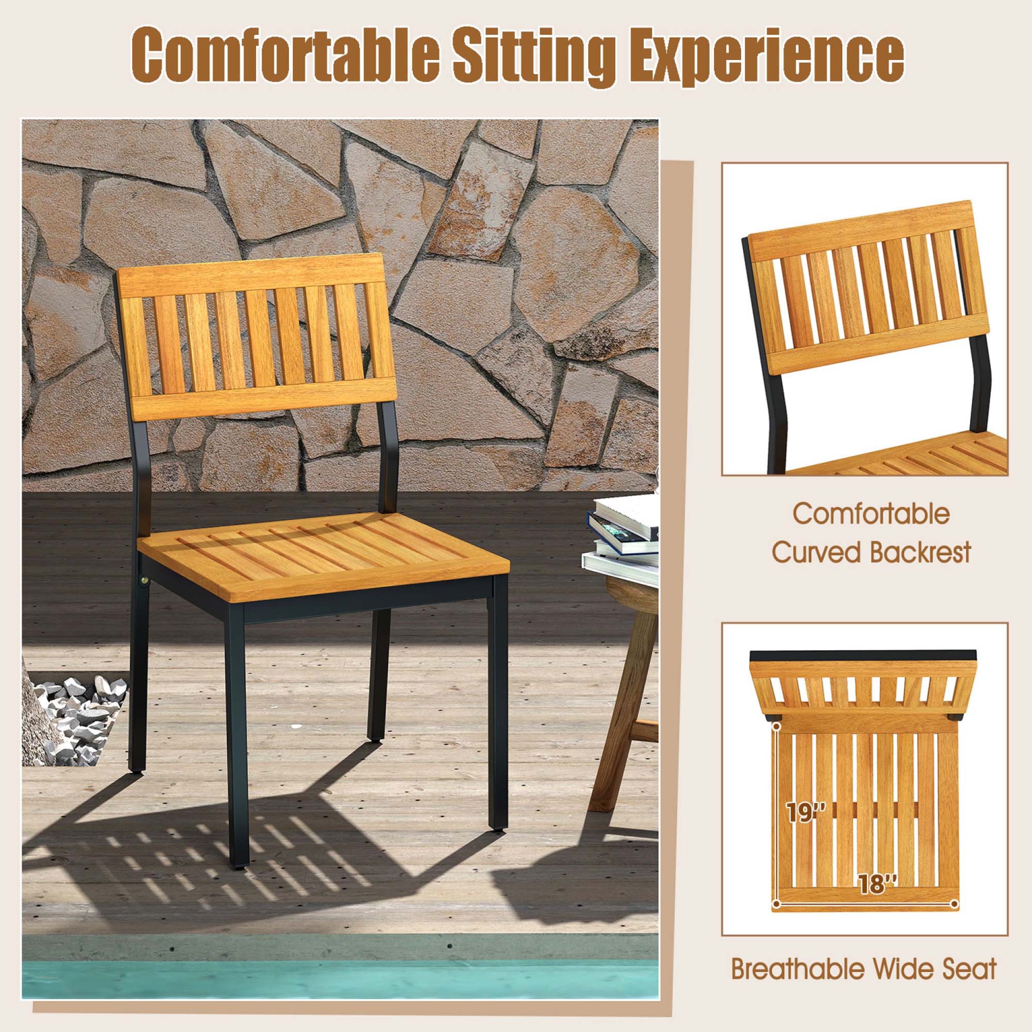 Costway Dining Chair Set of 2 Modern Patio Chairs/Acacia Wood Backrest, Slanted Seat