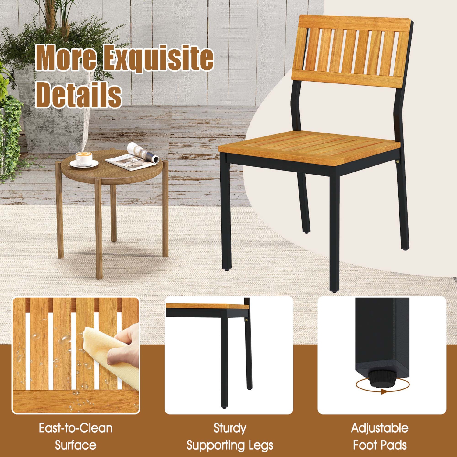 Costway Dining Chair Set of 2 Modern Patio Chairs/Acacia Wood Backrest, Slanted Seat