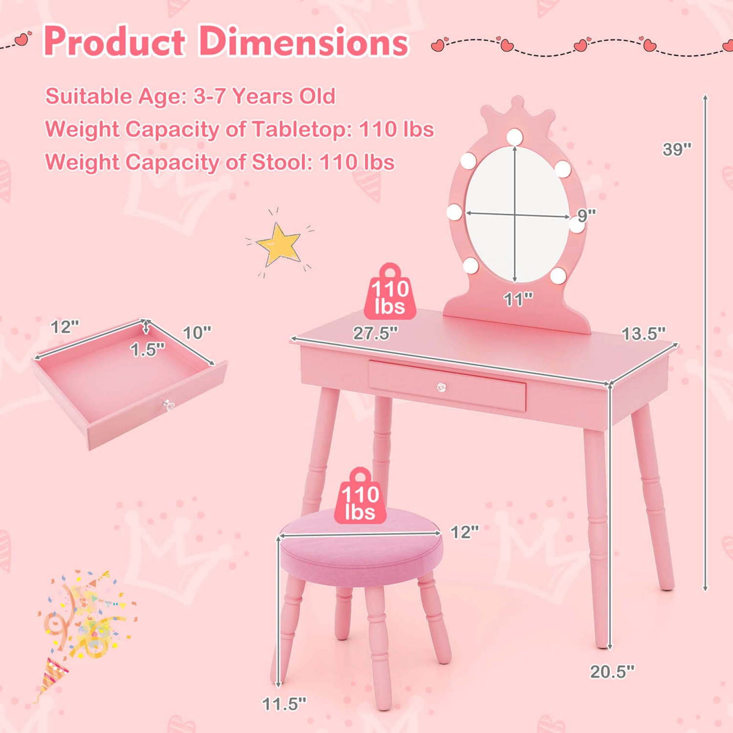 Costway Kids Vanity Set Princess Vanity Table & Chair Set with Lighted Mirror