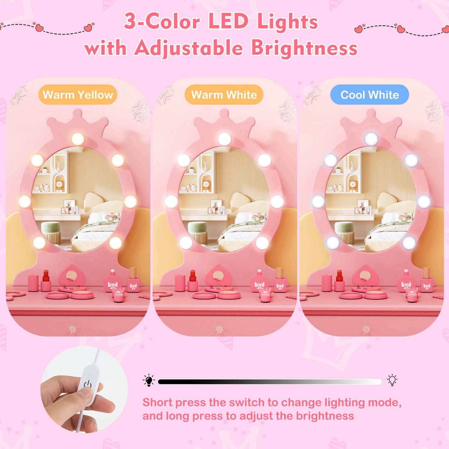 Costway Kids Vanity Set Princess Vanity Table & Chair Set with Lighted Mirror