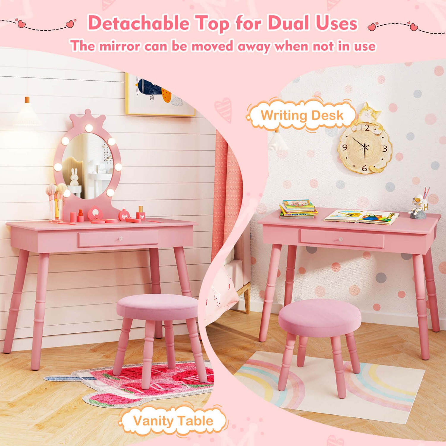 Costway Kids Vanity Set Princess Vanity Table & Chair Set with Lighted Mirror