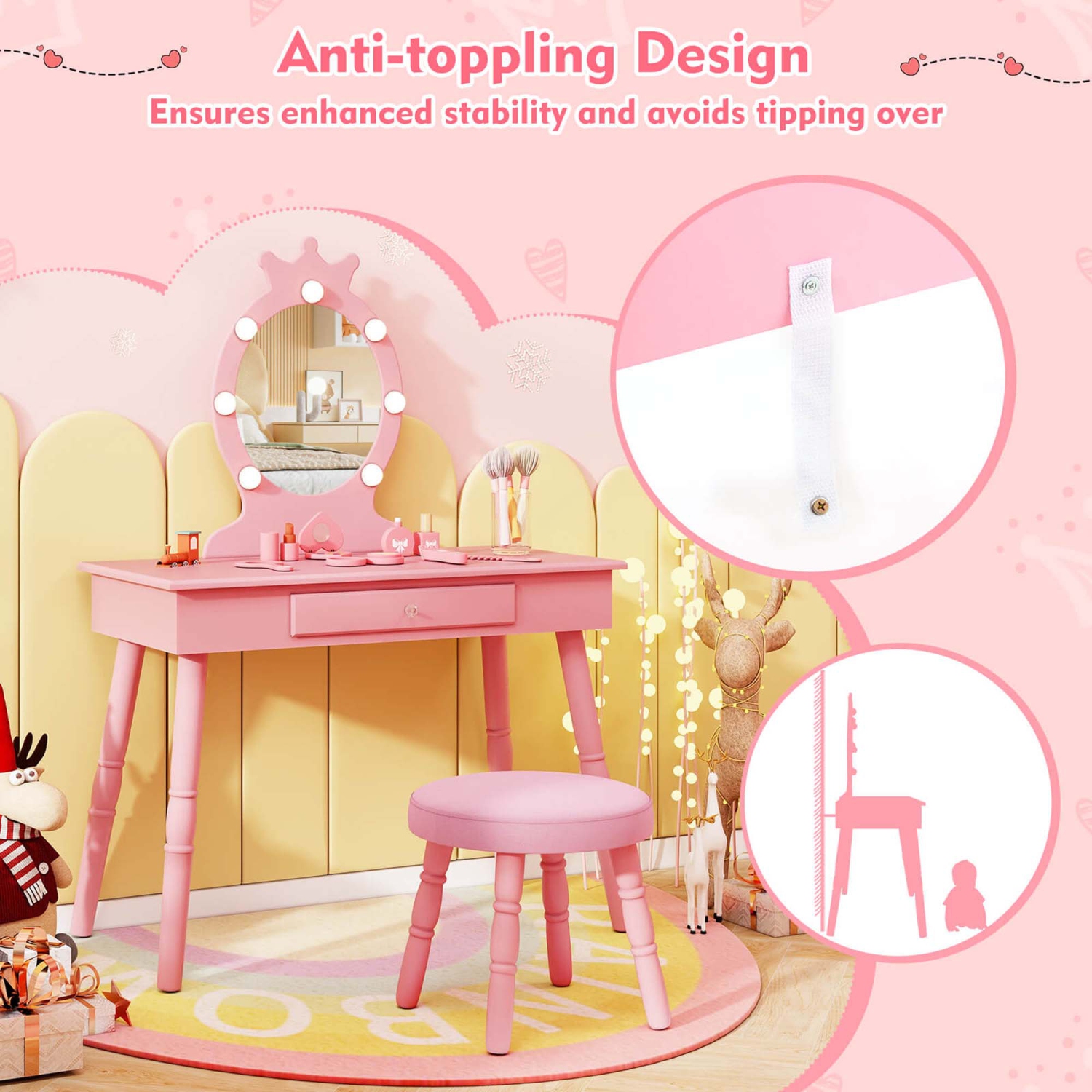 Costway Kids Vanity Set Princess Vanity Table & Chair Set with Lighted Mirror
