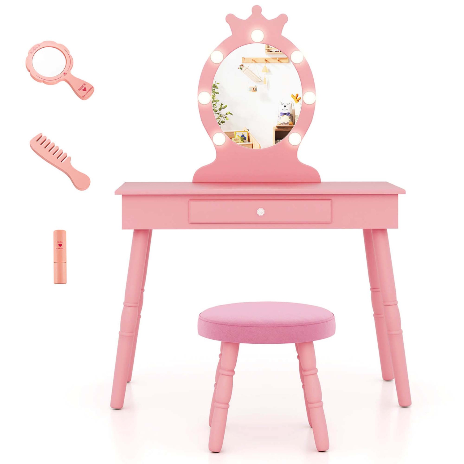 Costway Kids Vanity Set Princess Vanity Table & Chair Set with Lighted Mirror