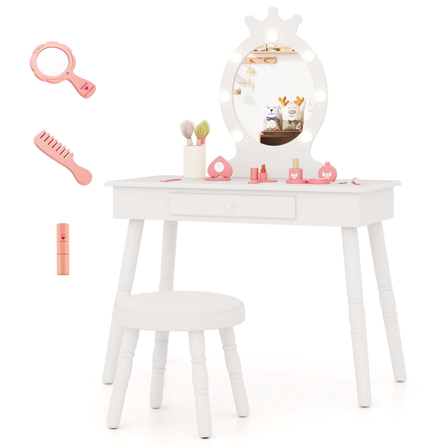 Costway Kids Vanity Set Princess Vanity Table & Chair Set with Lighted Mirror