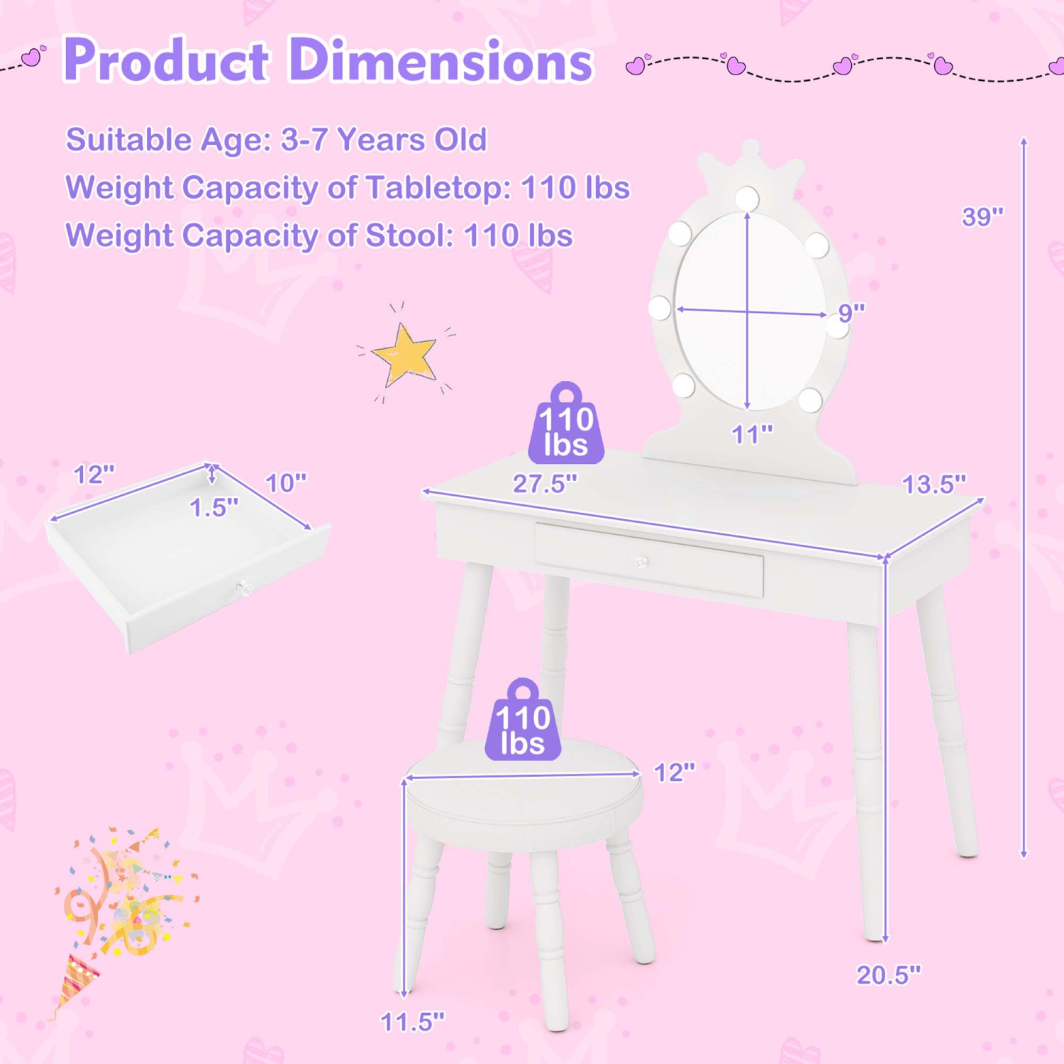 Costway Kids Vanity Set Princess Vanity Table & Chair Set with Lighted Mirror