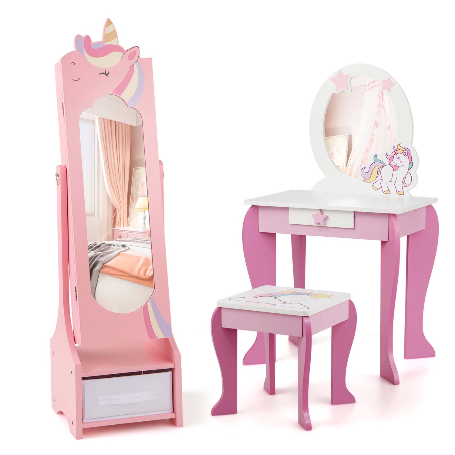 Costway Kids Vanity Set Princess Makeup Dressing Table & Chair Set with Kids Jewelry Armoire