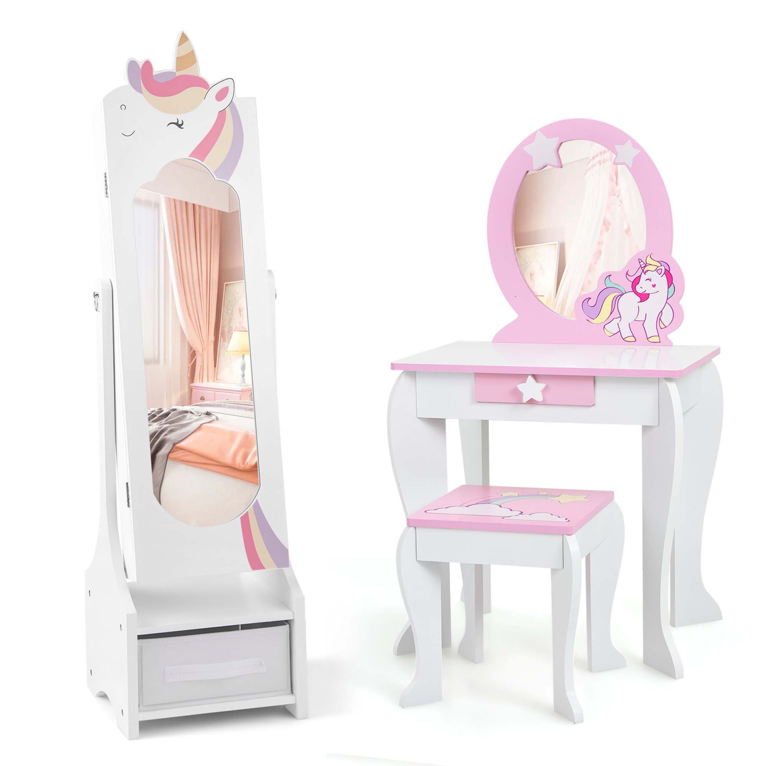 Ensemble coiffeuse princesse avec table et chaise et armoire à bijoux pour enfants de Costway