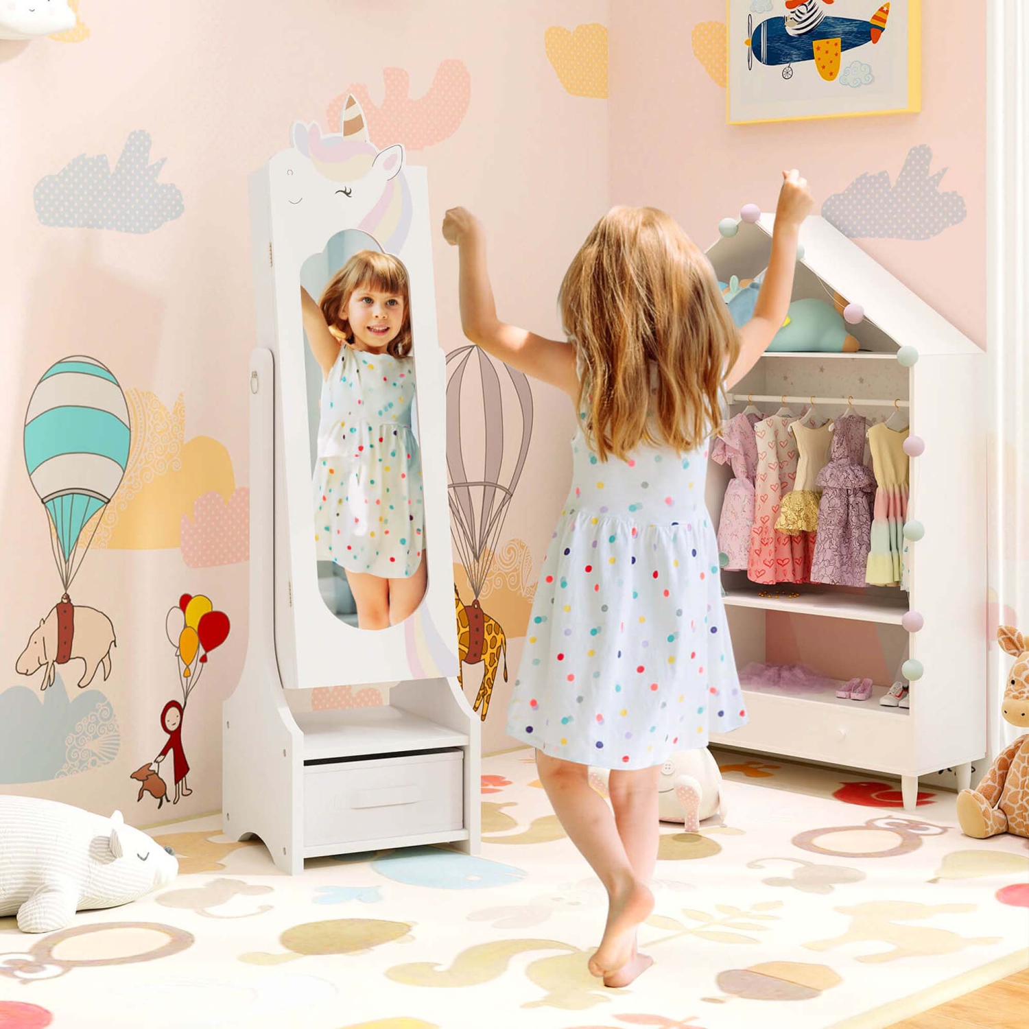 Ensemble coiffeuse princesse avec table et chaise et armoire à bijoux pour enfants de Costway