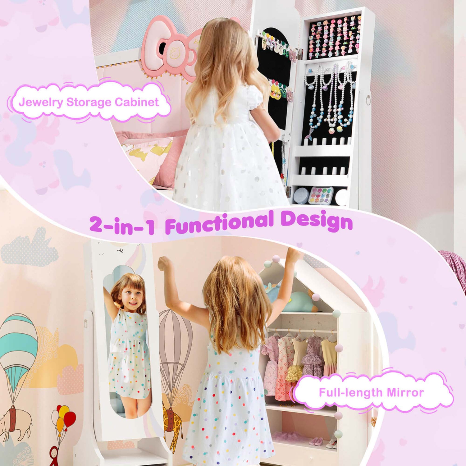 Ensemble coiffeuse princesse avec table et chaise et armoire à bijoux pour enfants de Costway