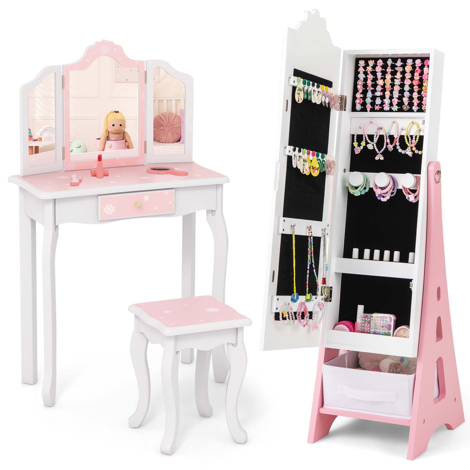 Costway Kids Vanity Set Princess Makeup Dressing Table & Chair Set with Jewelry Armoire