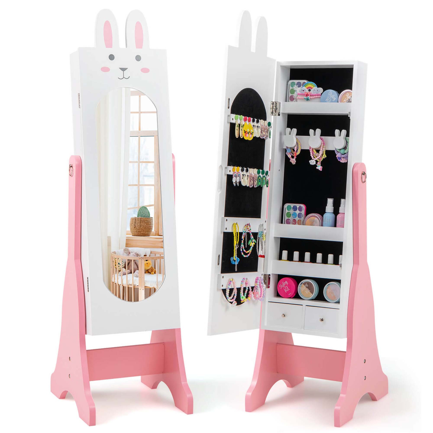 Costway Kids Jewelry Cabinet Standing Children Jewelry Organizer with Full-Length Mirror