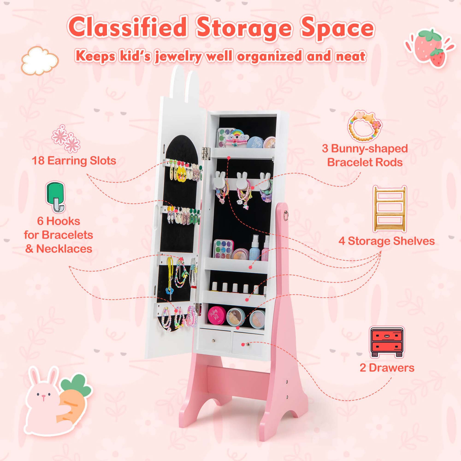 Costway Kids Jewelry Cabinet Standing Children Jewelry Organizer with Full-Length Mirror