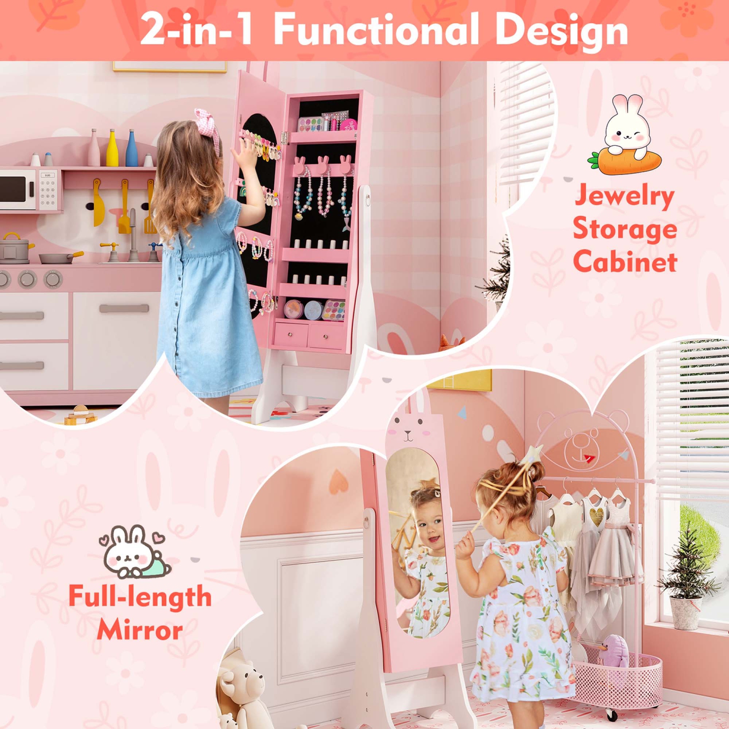 Costway Kids Jewelry Cabinet Standing Children Jewelry Organizer with Full-Length Mirror