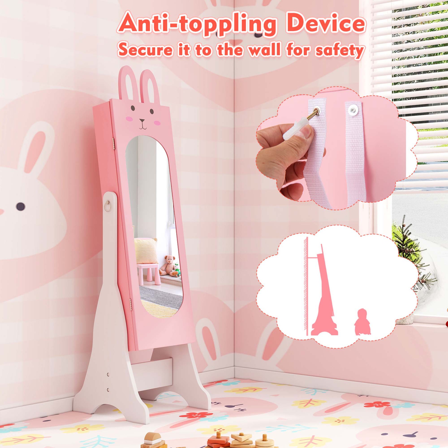 Costway Kids Jewelry Cabinet Standing Children Jewelry Organizer with Full-Length Mirror