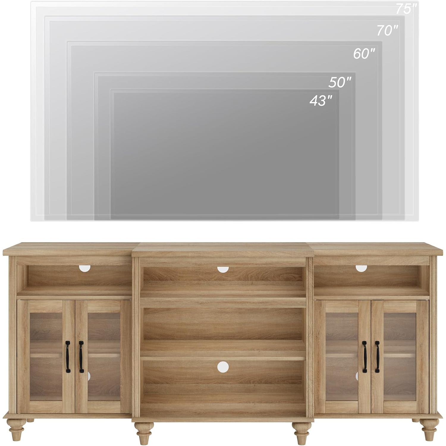 WAMPAT Farmhouse TV Stand for TVs Up to 75 inch, 4-Door Glass and Wood Universal TV Console with 9 Storage Cabinets, Oak Entertainment Center Table