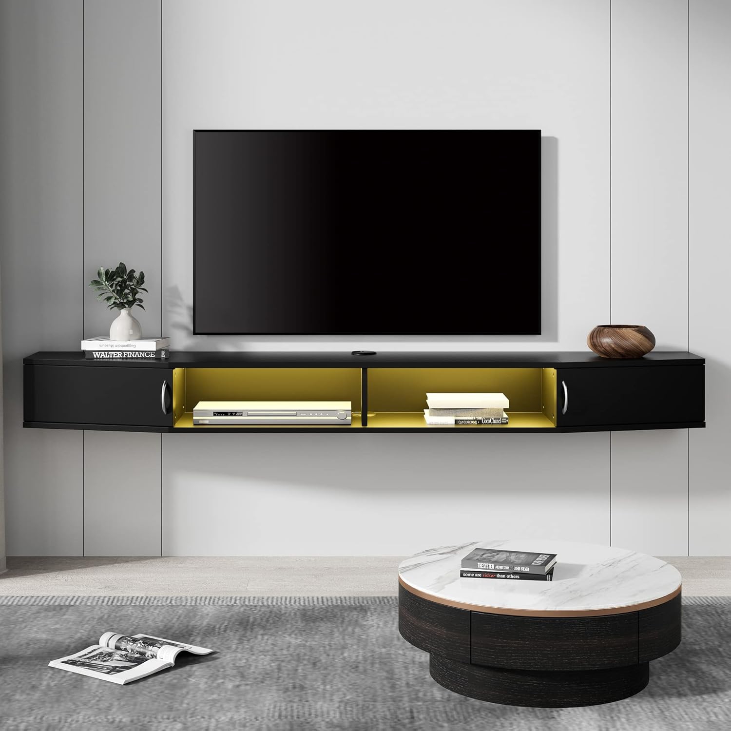 WAMPAT Floating TV Stand Wall Mounted Shelf with Yellow Lights,Wood Media Console Entertainment Center Under TV,Cabinet Hutch Desk Storage for Home