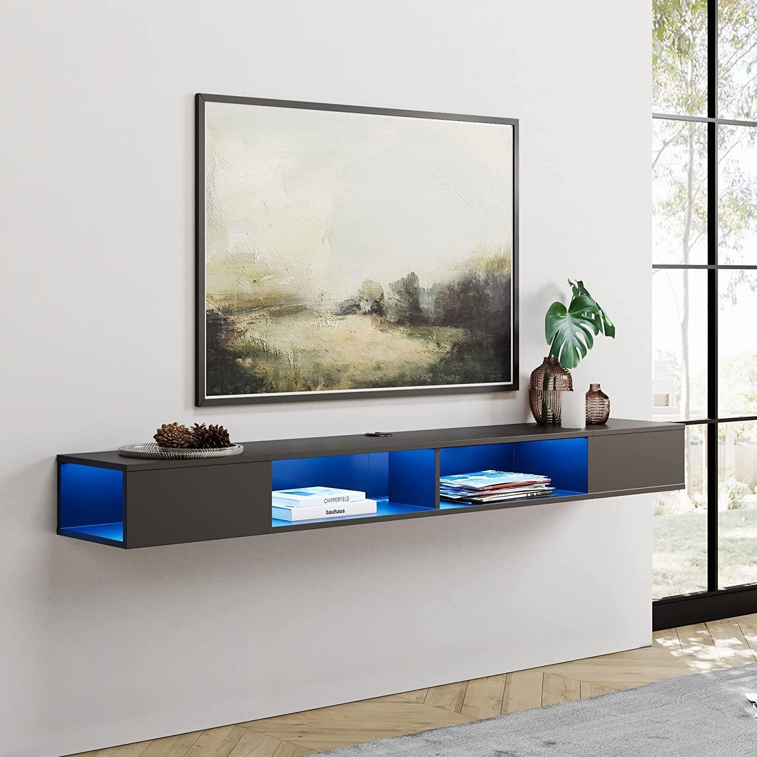 FITUEYES 70 inch Floating TV Stand with Blue Lights, Floating Entertainment Center for TVs up to 75 inch, Floating TV Shelf Wall Mounted with Storage
