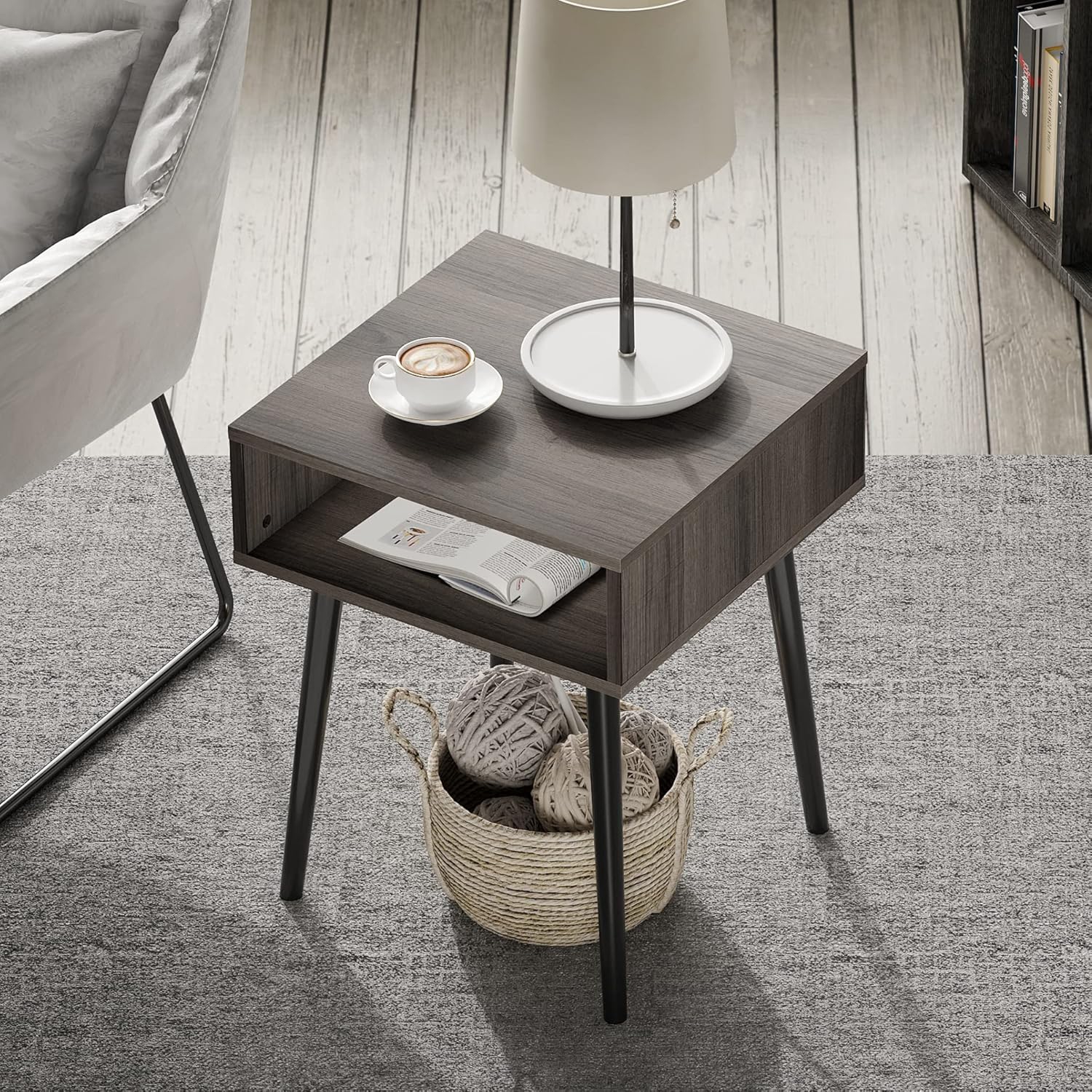 WAMPAT Set of 2 Side End Tables for Living Room, Square Bedside Table Nightstand with Solid Wood Legs for Small Spaces, Gery Brown & Black, 18x18x23