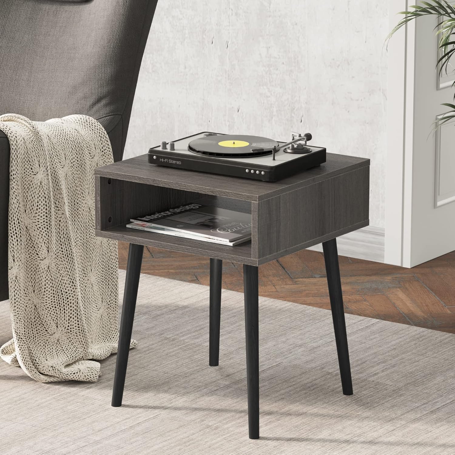 WAMPAT Set of 2 Side End Tables for Living Room, Square Bedside Table Nightstand with Solid Wood Legs for Small Spaces, Gery Brown & Black, 18x18x23