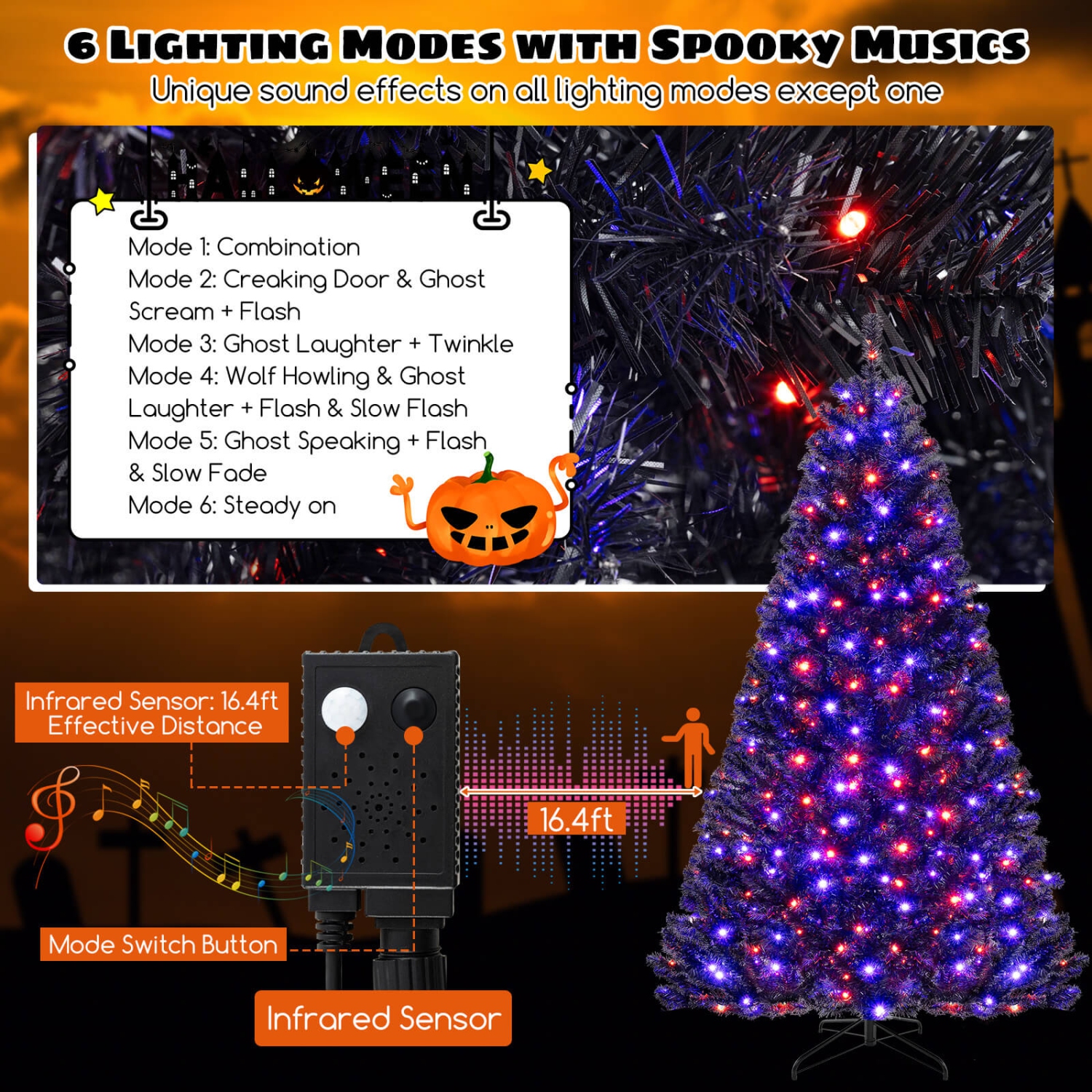 Costway 8 FT Halloween Tree Artificial Decoration Tree with 1408 Branch Tips 6 Lighting Modes