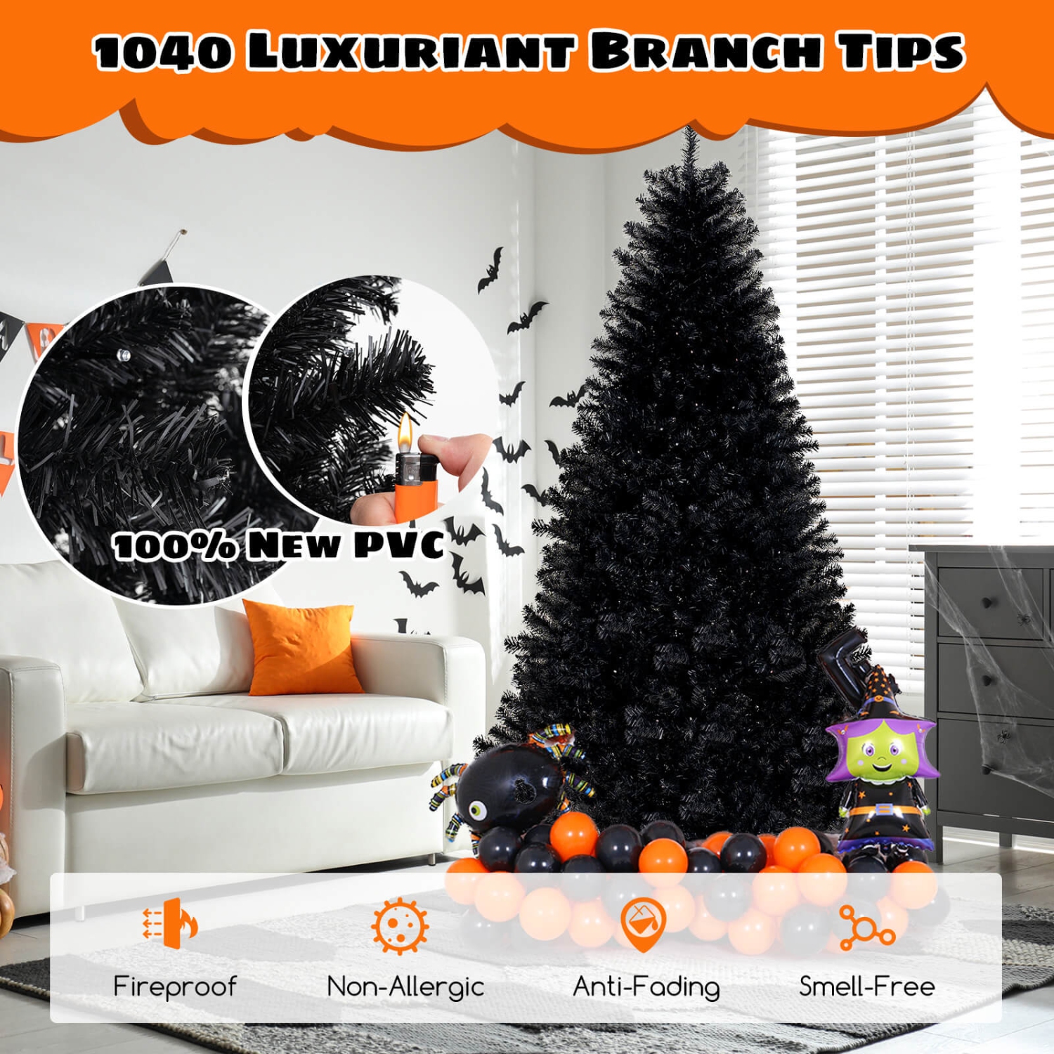 Costway 7 FT Halloween Tree Artificial Decoration Tree with 1040 Branch Tips 6 Lighting Modes