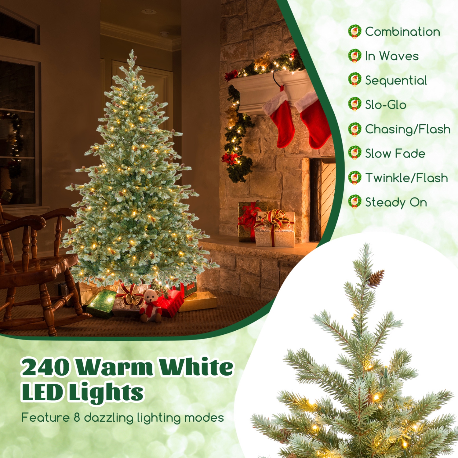 Costway 6 FT Artificial Christmas Tree with 590 Branch Tips 240 Warm White LED Lights