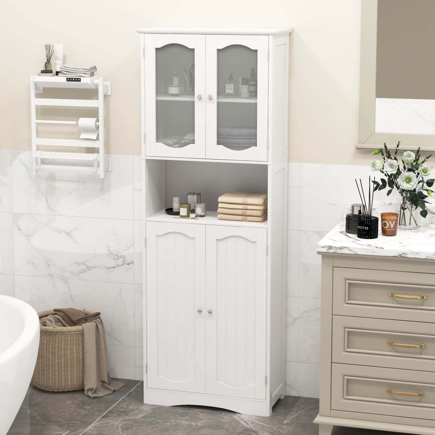 Costway 64.5" Tall Bathroom Cabinet with Tempered Glass Doors Adjustable Shelves