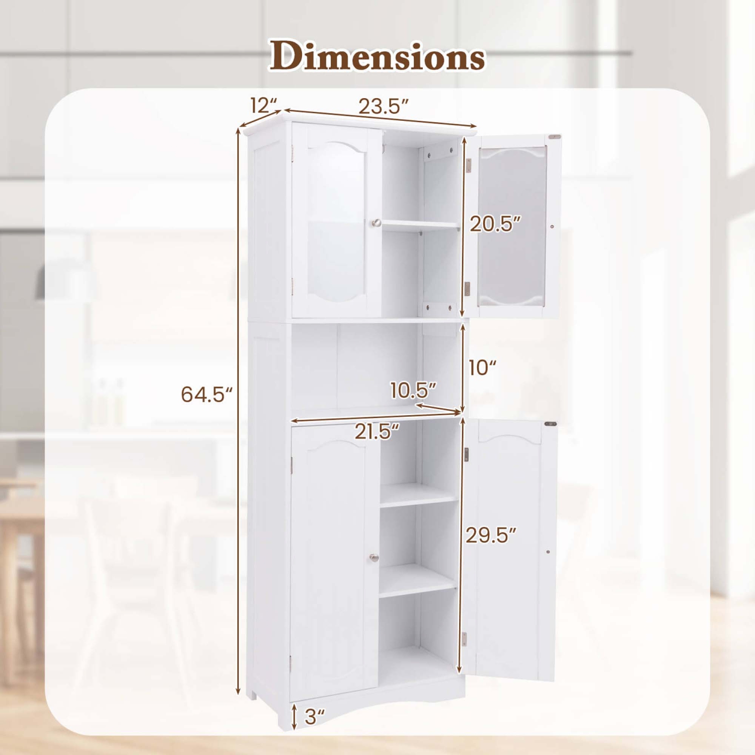 Costway 64.5" Tall Bathroom Cabinet with Tempered Glass Doors Adjustable Shelves