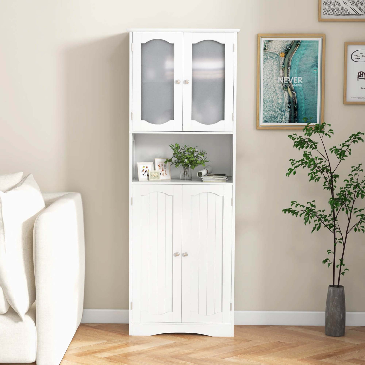 Costway 64.5" Tall Bathroom Cabinet with Tempered Glass Doors Adjustable Shelves