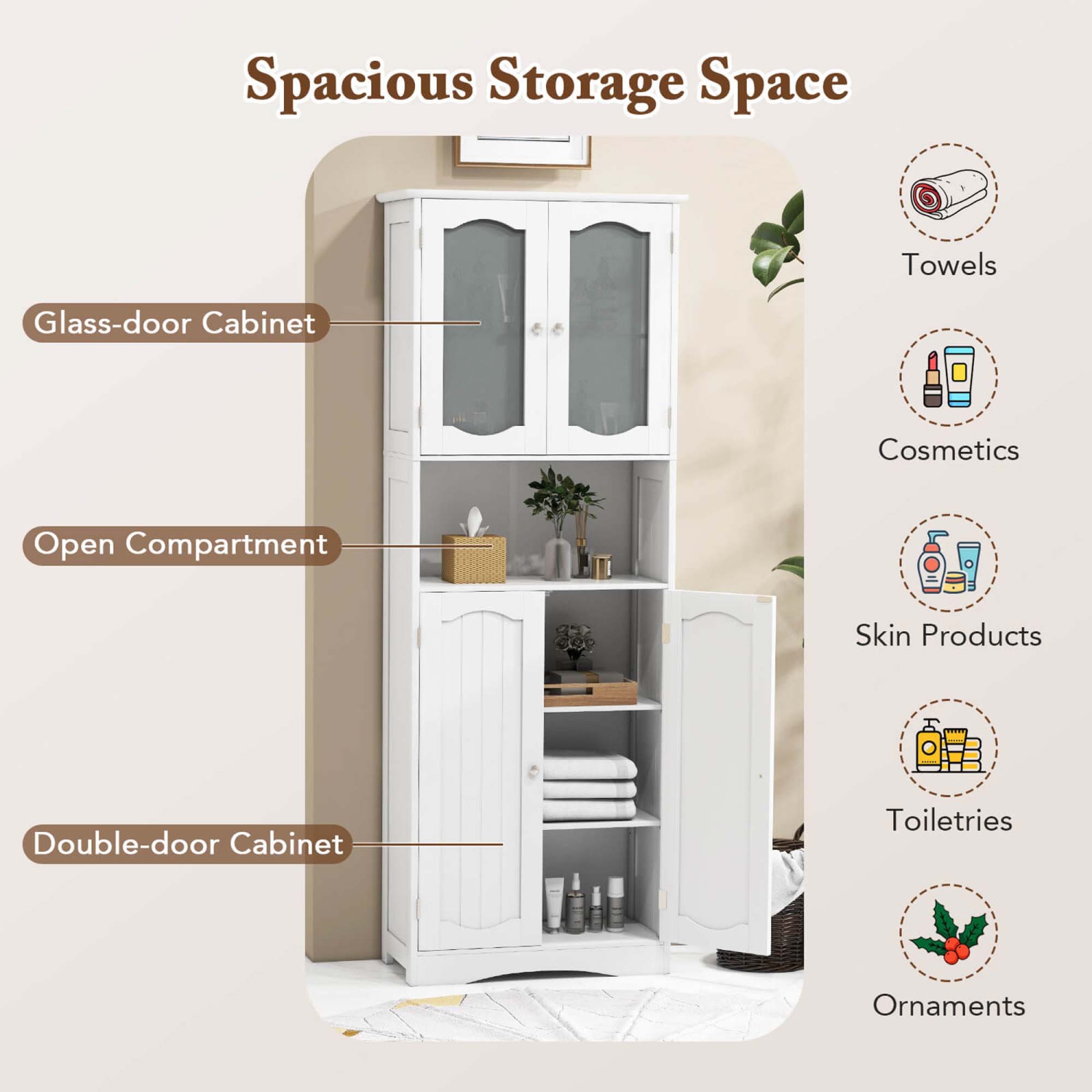 Costway 64.5" Tall Bathroom Cabinet with Tempered Glass Doors Adjustable Shelves