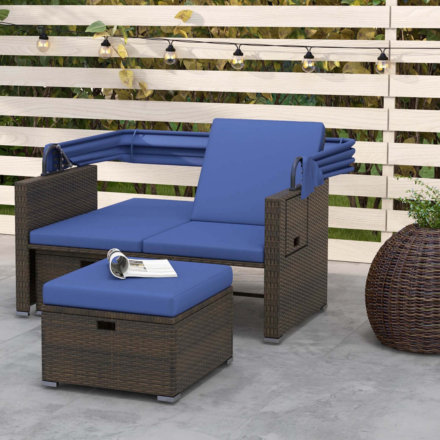 Costway Outdoor Patio Rattan Daybed with Retractable Canopy & Adjustable Backrests