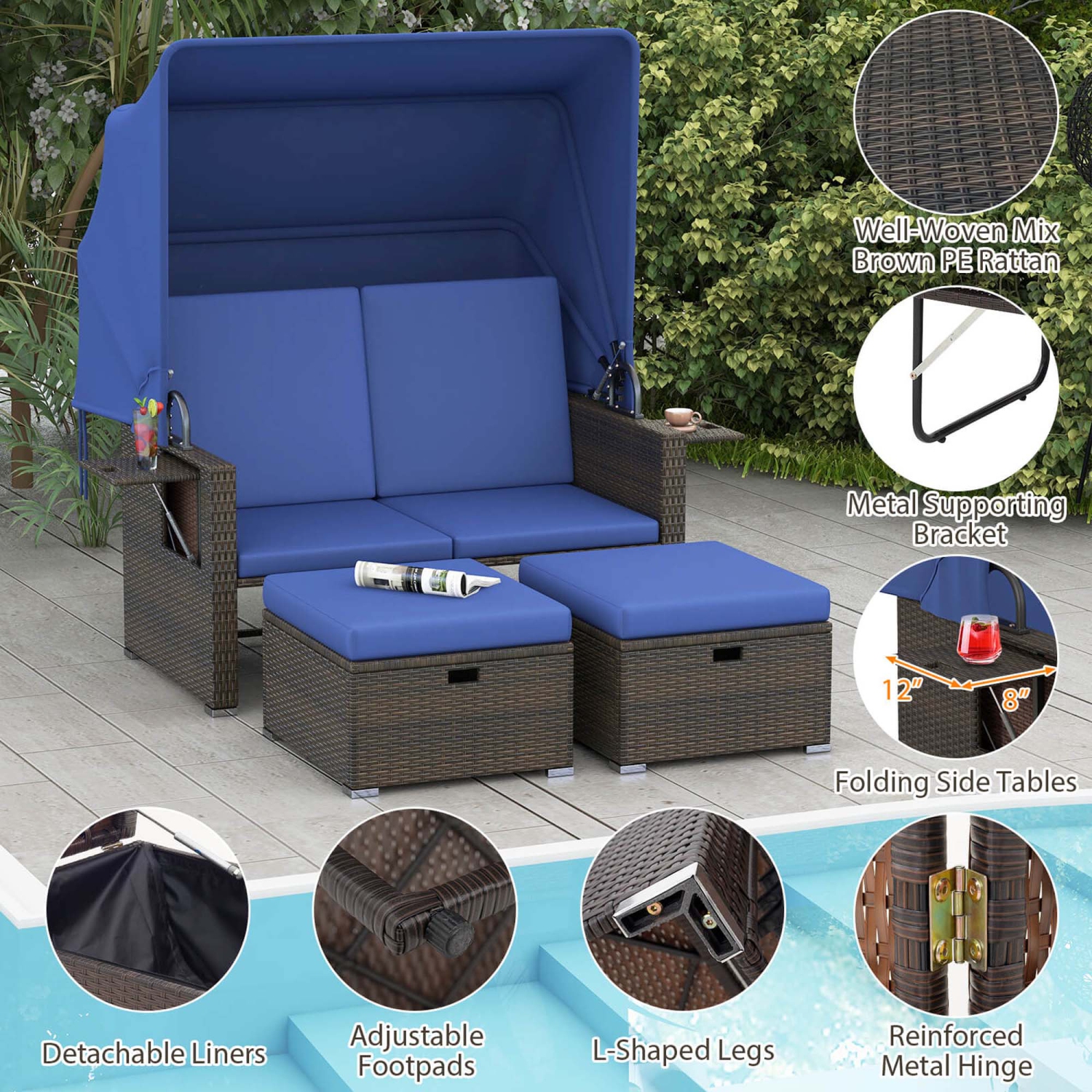 Costway Outdoor Patio Rattan Daybed with Retractable Canopy & Adjustable Backrests